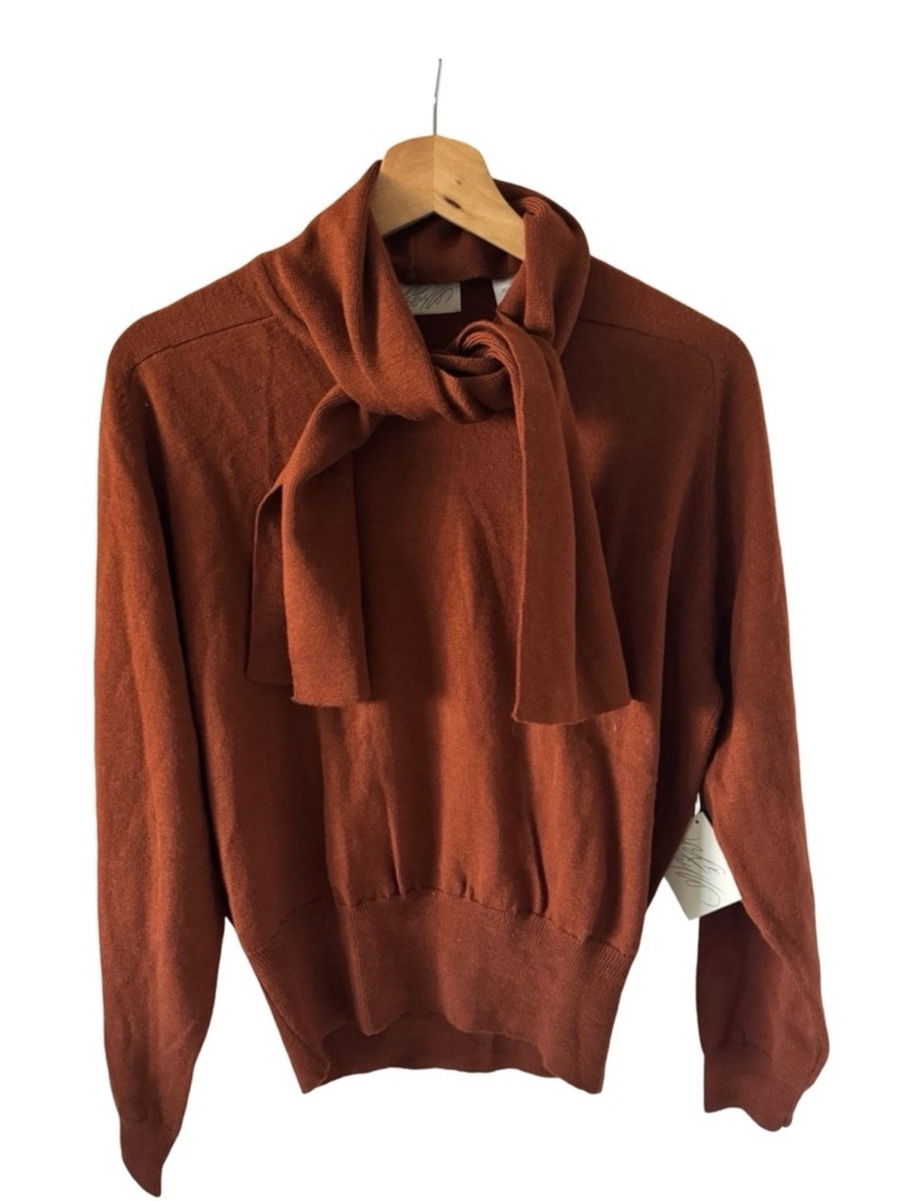 New Vintage Lord & Taylor, Merino Wool, Rust Terracotta, Tie-Neck Sz M
